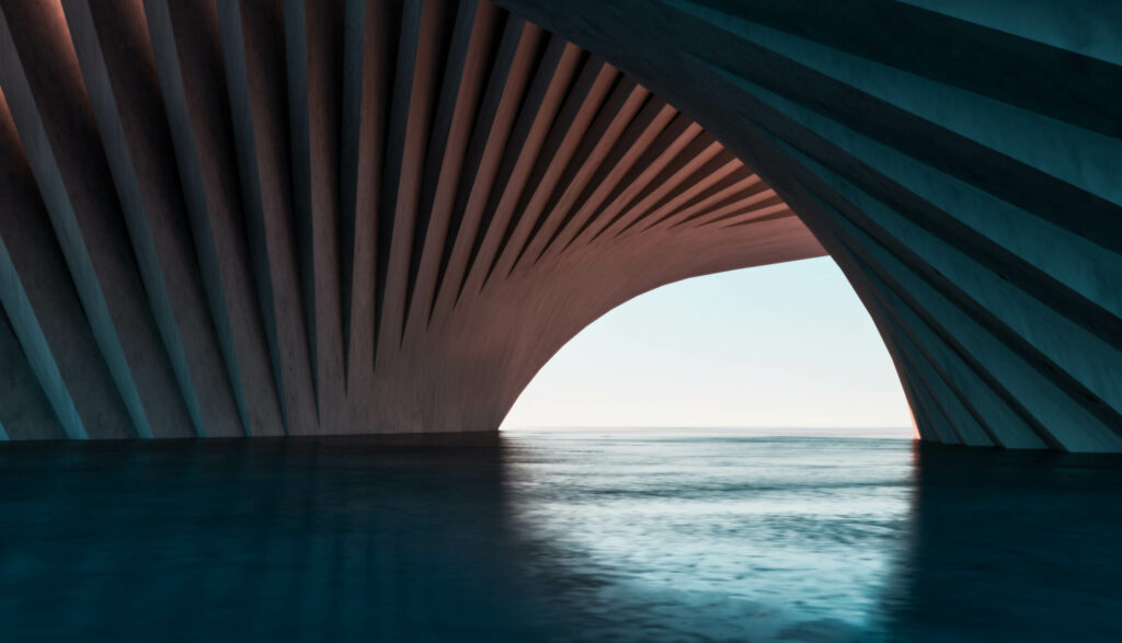 A large archway with cascading water, creating a serene scene.