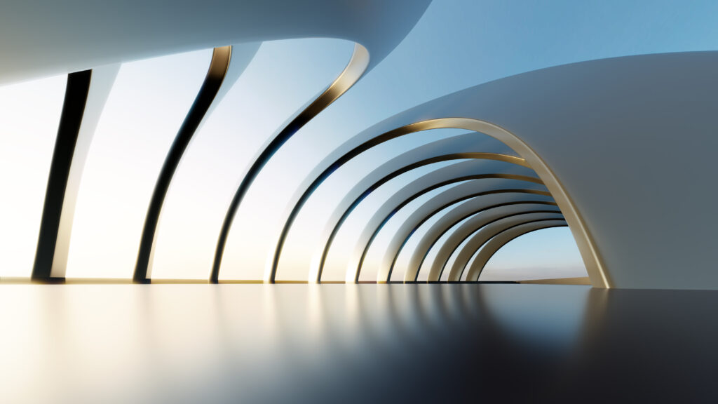 Futuristic exterior featuring smooth, curving architectural lines and golden accents, reflecting soft natural light.